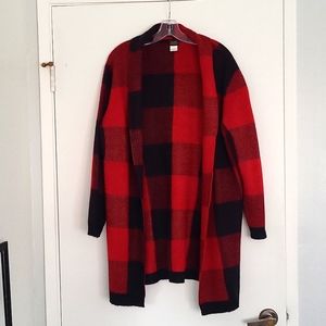 Salon Studio red and black Buffalo Check long length cardigan